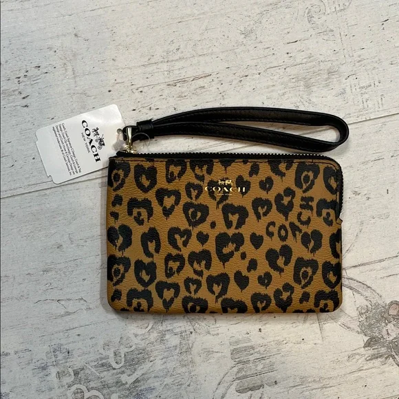 Coach Heart Animal Print Wristlet in Brown and Black - Picture 1 of 7